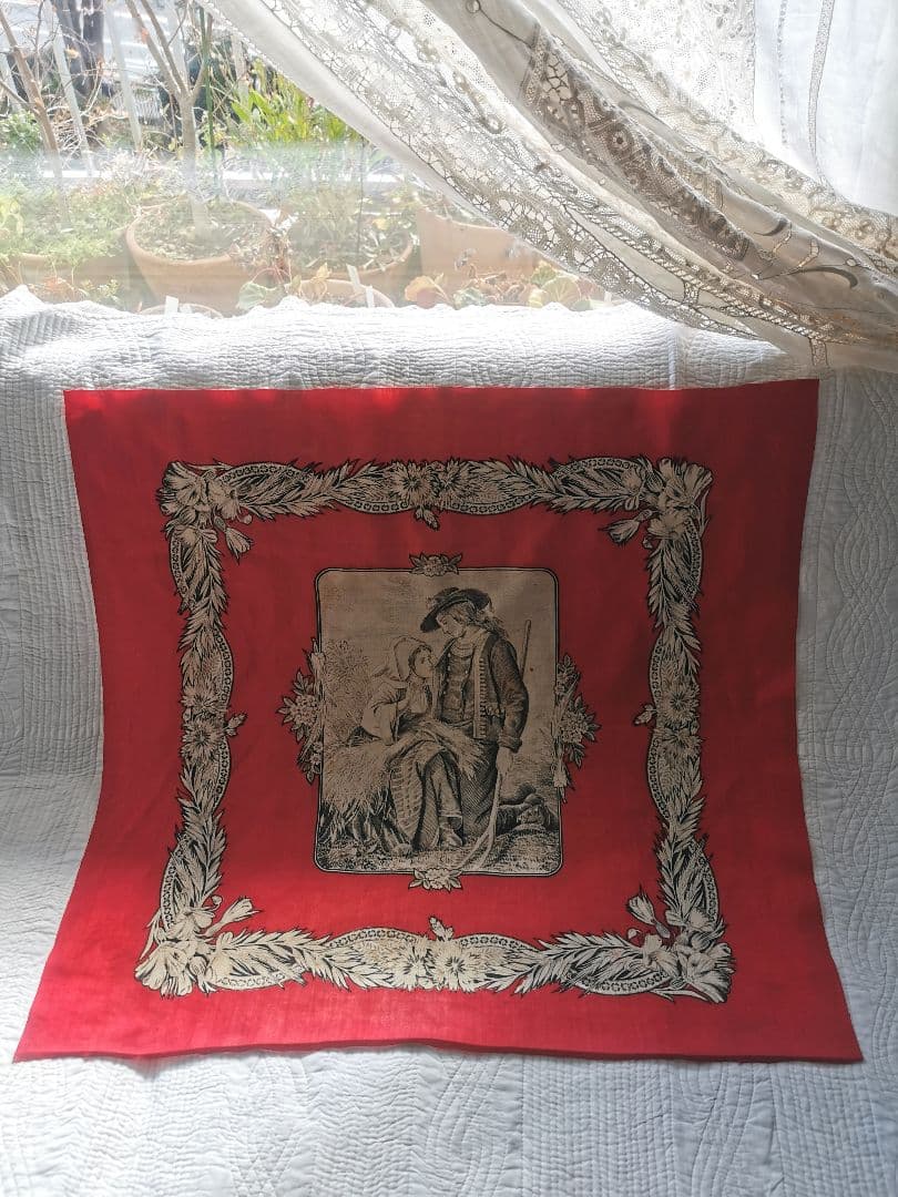 アンティークフランス トワルドジュイクロス 農村のカップル 繕う女性 田園風景