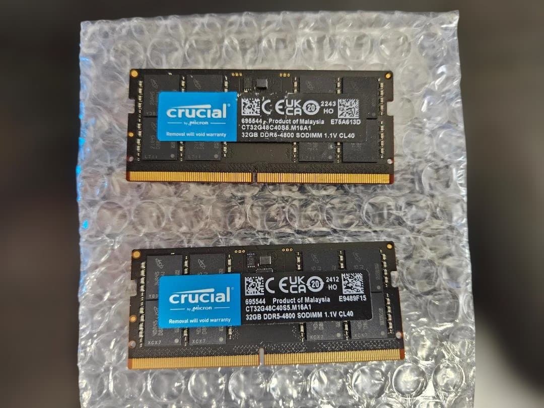 Crucial 32GB DDR-4800 SODIM メモリ 2枚(計64G)