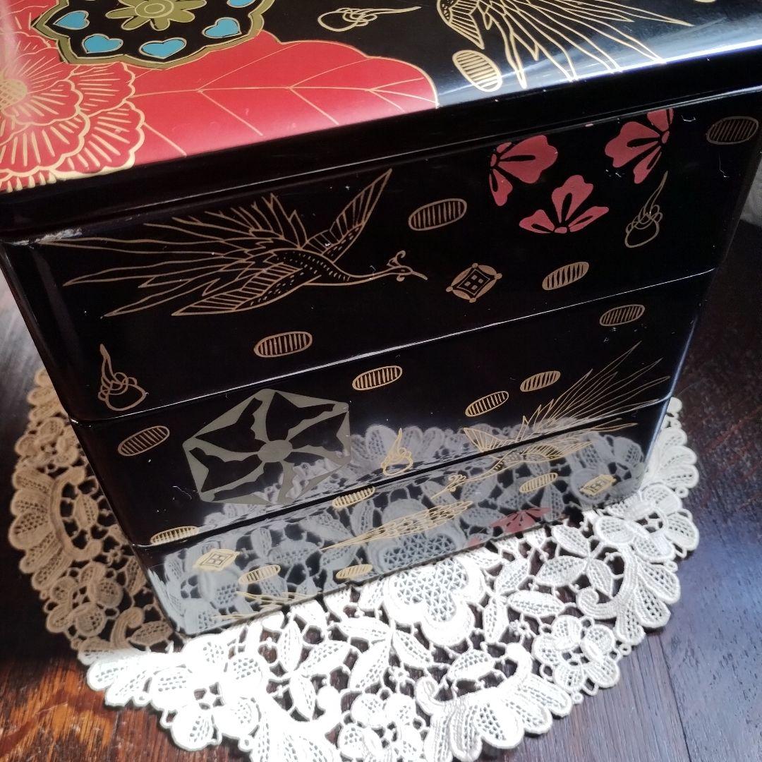 白木屋♥漆器 三段重箱 鶴と花♥重箱♥会津塗♥蒔絵♥
