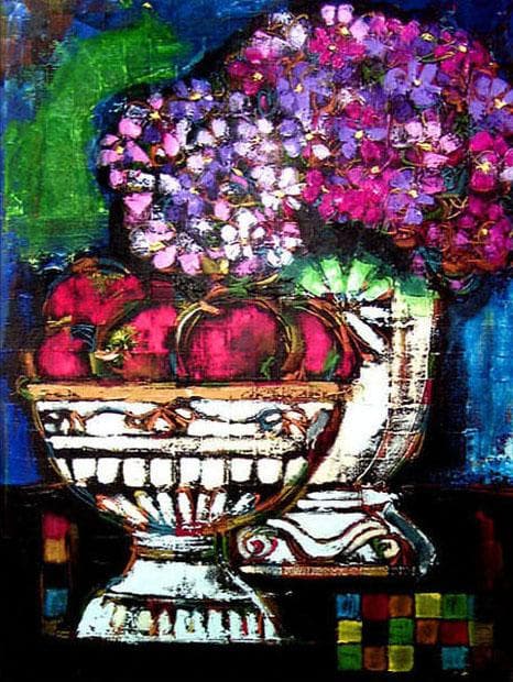 油絵 菅家令子 絵 絵画 インテリア uF6-063504 静物 花 果物 器