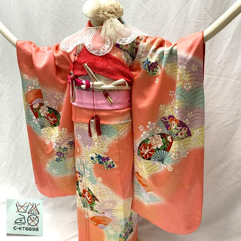 506ag2□七五三 七歳 女児 着物&袋帯&長襦袢 金彩 扇 桜□美品