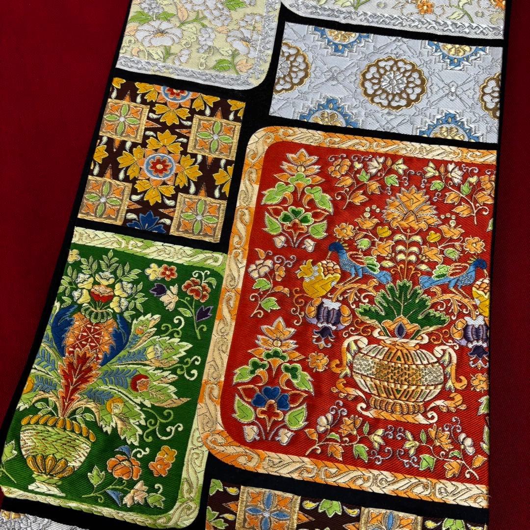 高級　更紗袋帯 華やかな刺繍 袋帯 100%絹　美術織物　豪華刺繍帯