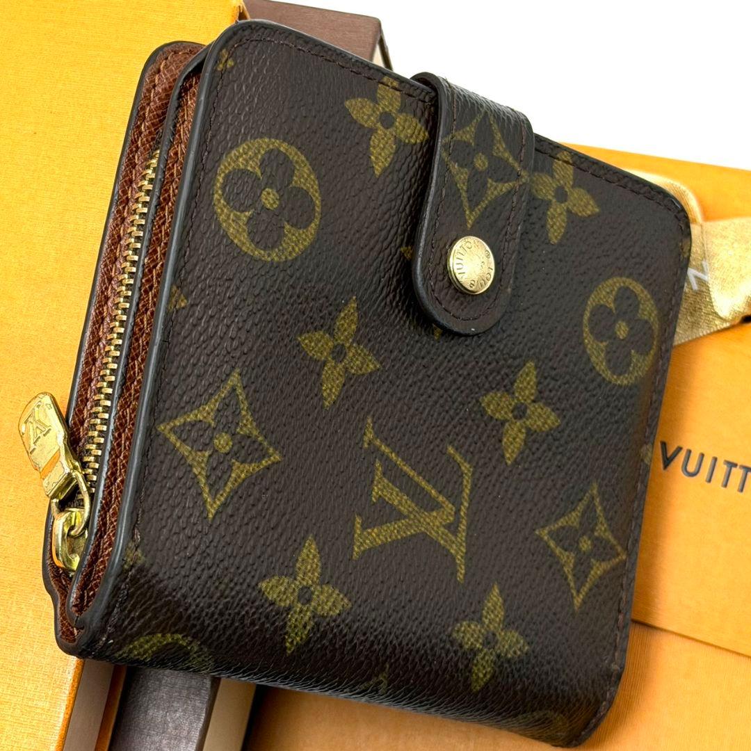 良品. ルイヴィトン モノグラム コンパクトジップ 財布 二つ折り ラウンド 茶