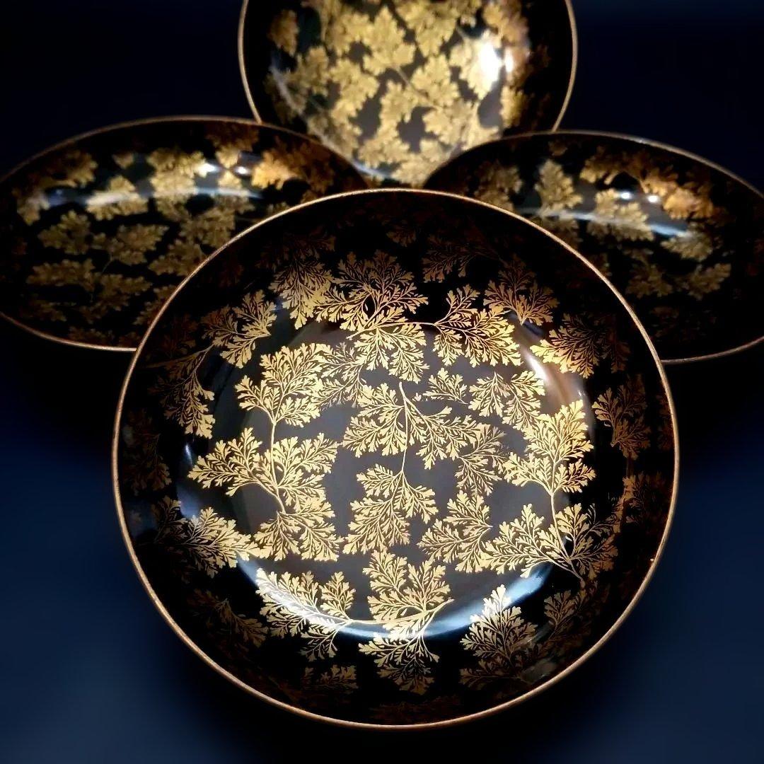 時代輪島塗 黒漆 シダ金蒔絵 小皿 銘々皿 4枚
