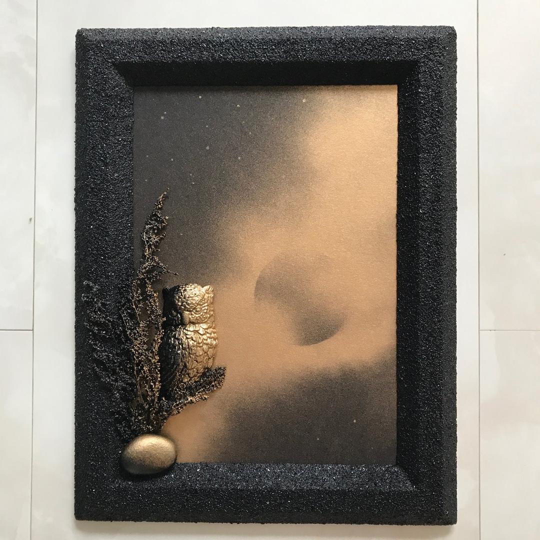 ニュージーランド　３Dモノクロマティックアート　“フクロウ”