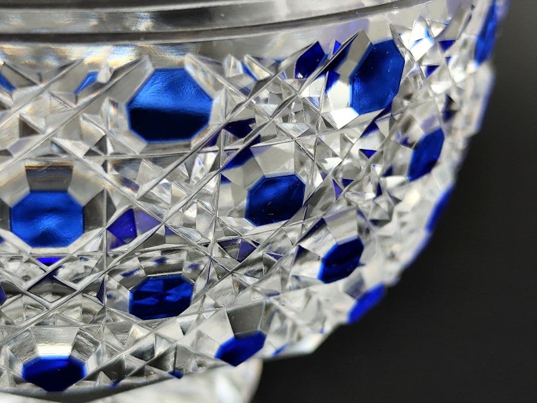 超希少品☆江戸切子 須田秀石 小鉢 瑠璃被 籠目紋（切子、江戸切子、薩摩切子）