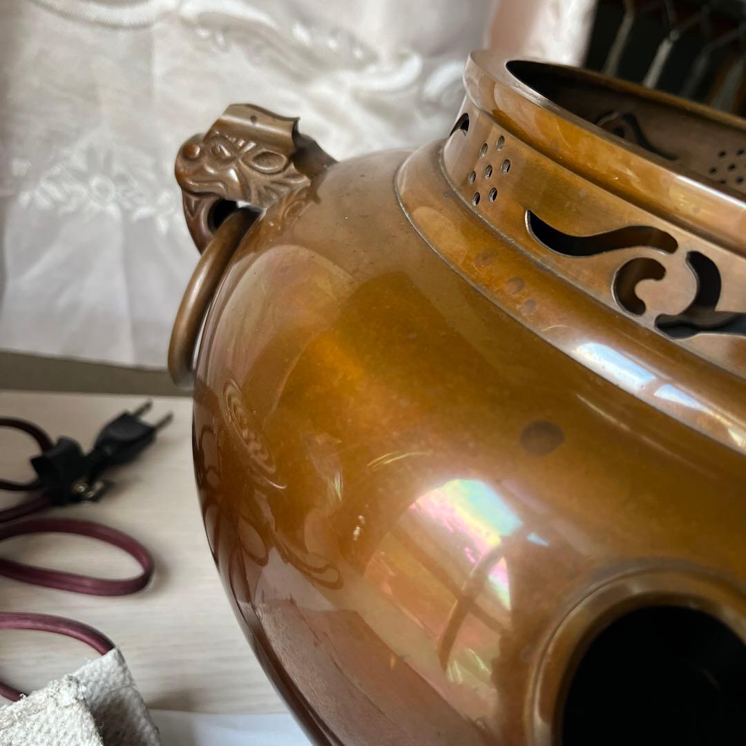 茶道具　風炉釜セット　美品鬼面切合風呂釜付き　鬼面風炉　電気炉付き　前瓦　灰付き