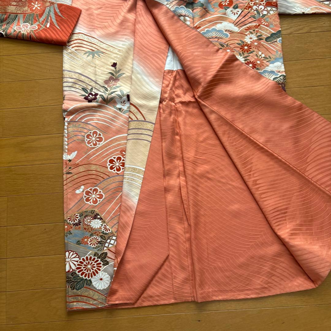 振袖　サーモンピンク　正絹 伊達襟付き