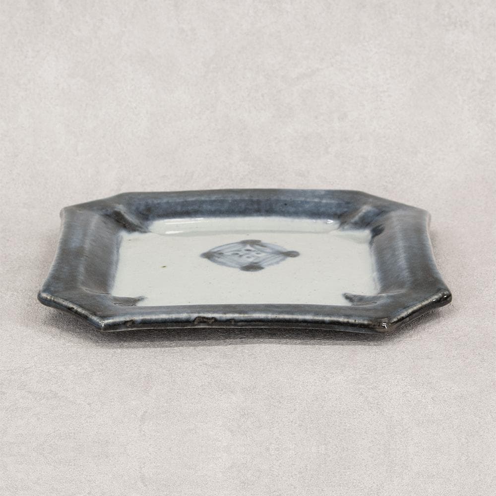 河井透 飾り皿「藍七宝紋角皿」22.5cm 共箱（河井武一の長男）河井寛次郎系統