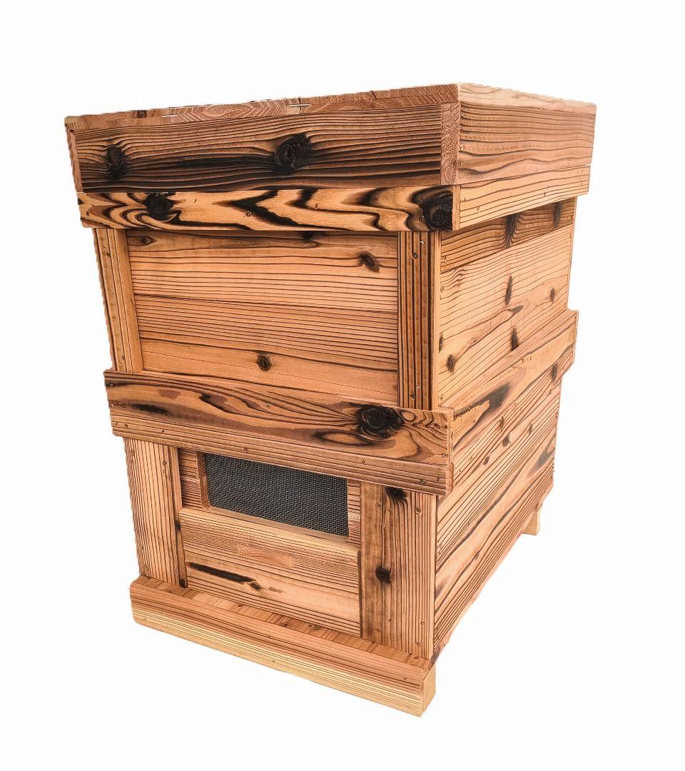 『みつばち巣箱＋巣箱用継箱のセット（巣枠無し）』焼杉 蓋上防水板張り（10枚箱）