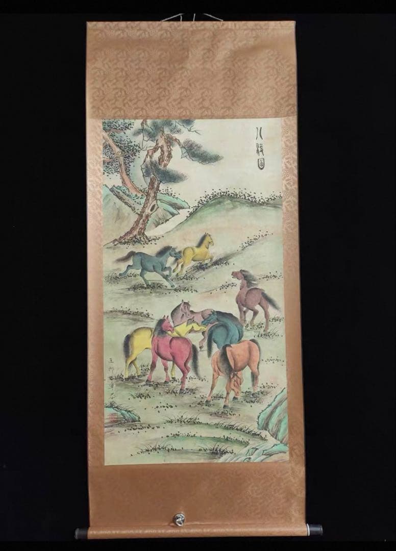 郎世寧《八駿図》　中堂掛軸　ブルーライト防偽付き　中国人物・馬図　壁掛け装飾