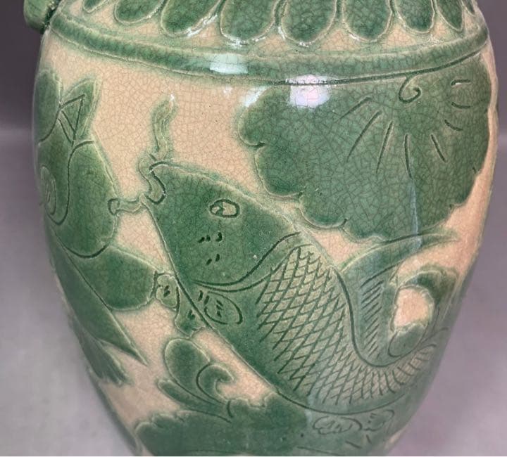 中国 緑釉魚絵水注　u6221009