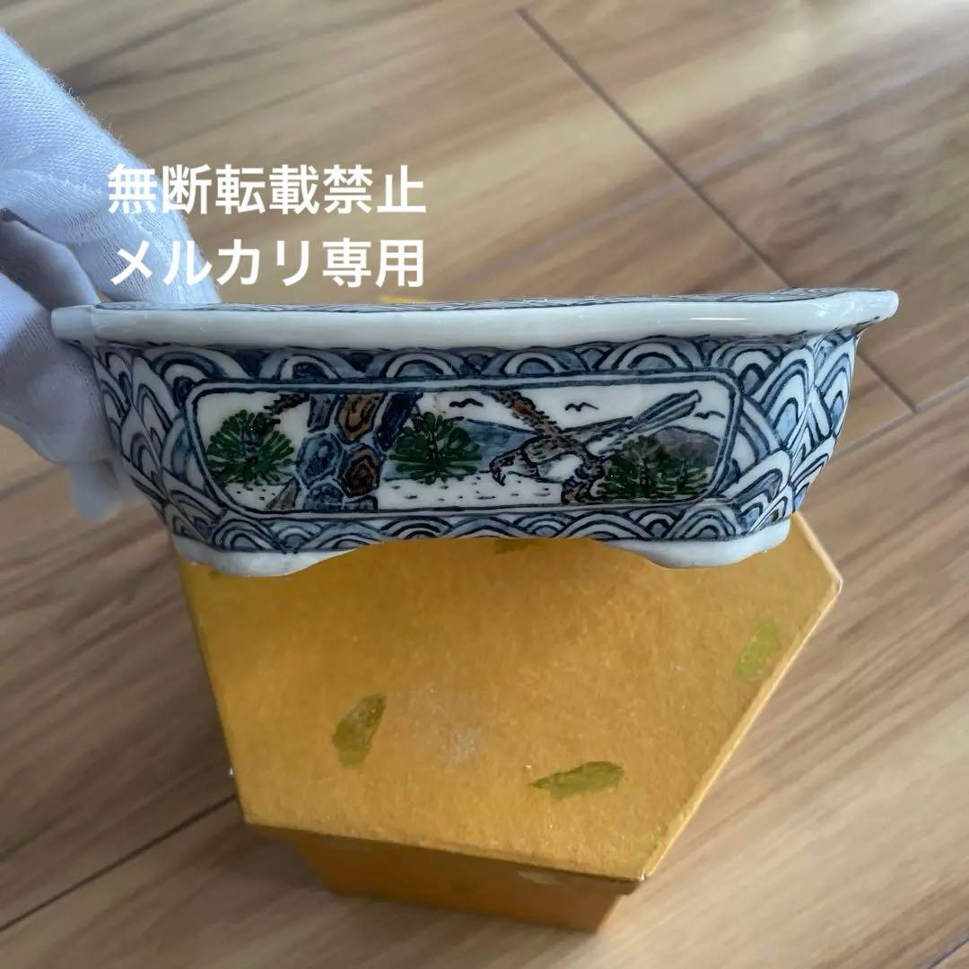 盆栽鉢　桑津香石　絵鉢　大きめ長方形　鳥　松　小品盆栽