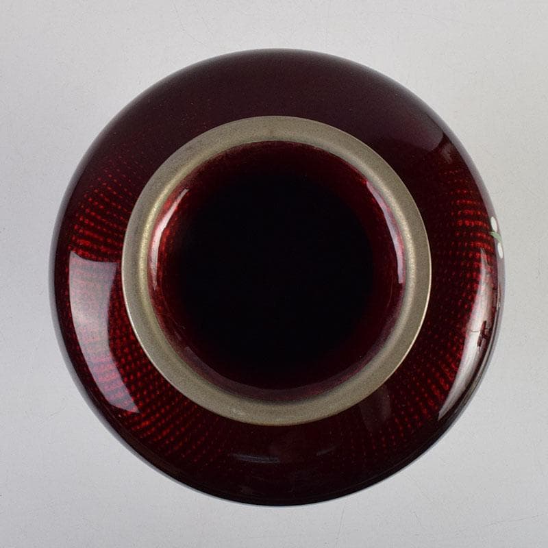 七宝焼　赤透釉　四君子文　花瓶　共箱　M　R9450