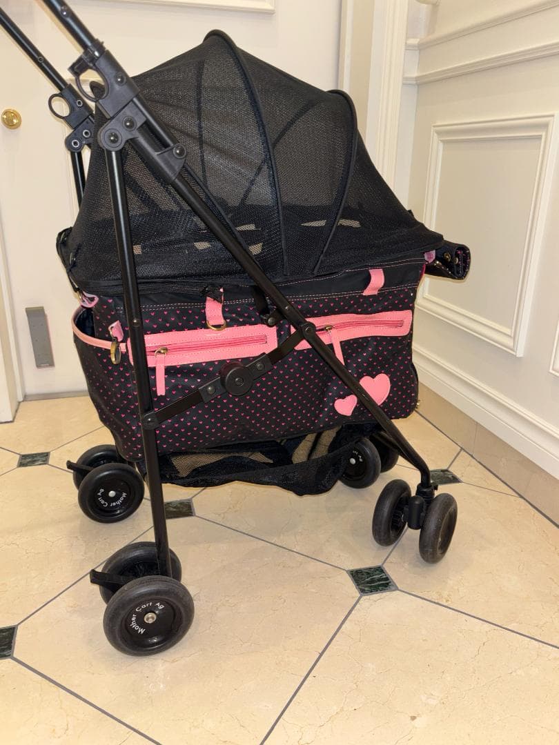 ペットカート ブラック ピンク ハート柄