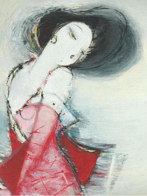 油絵 菅家令子 絵 絵画インテリア額付(青緑＋金色の枠) F6-082711女性