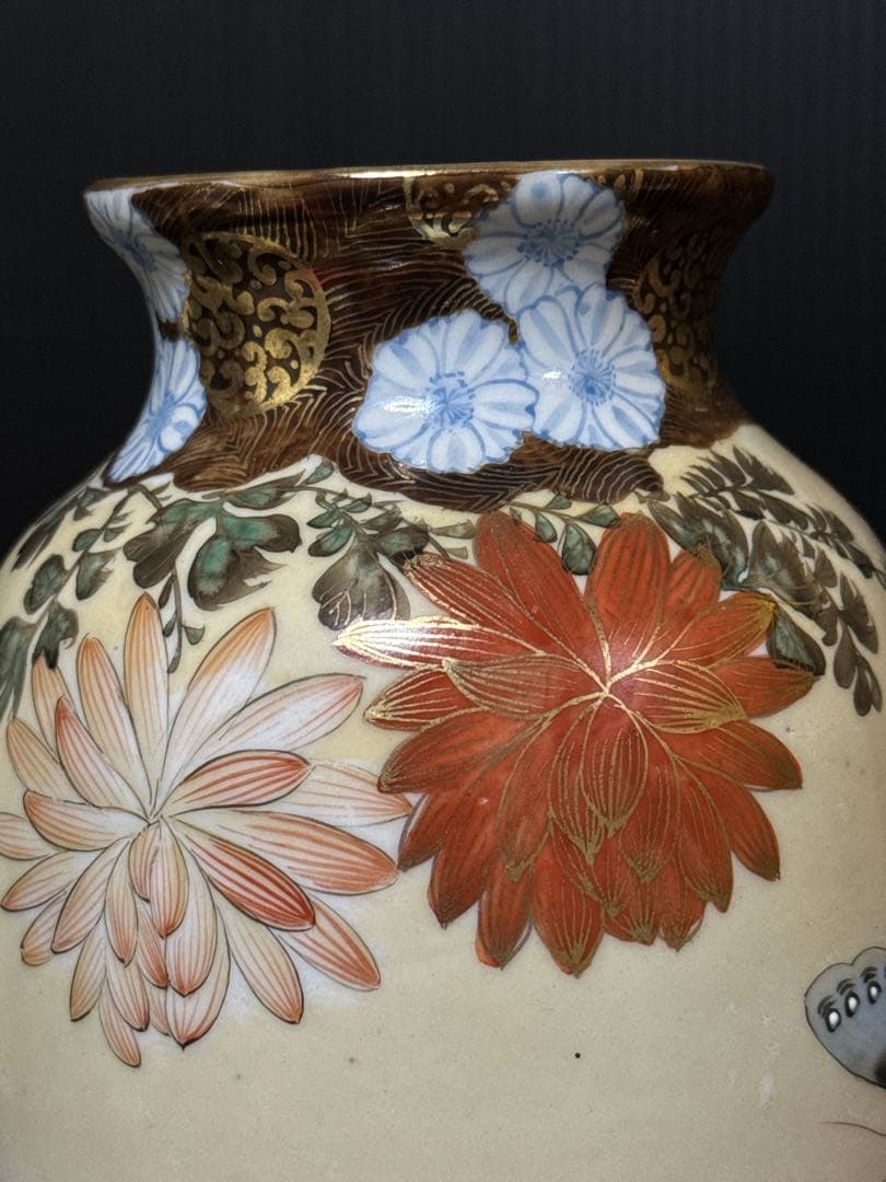 超絶技巧 明治期 極上 金蘭彩色 花蝶図 花瓶 花生 壷