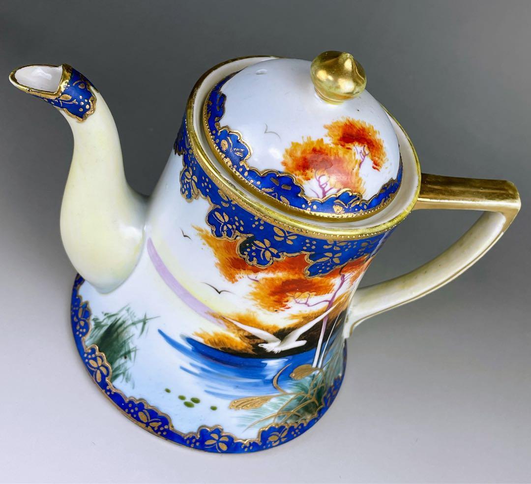 オールドニッポン カモメ 風景図 ティーポット アールヌーボー 金盛り