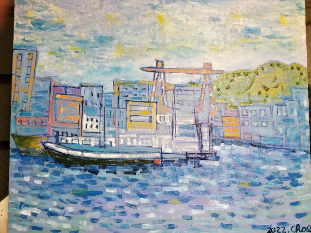 油彩画 港の風景 2022年制作
