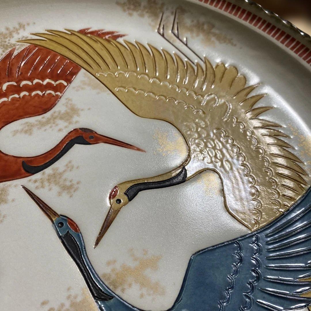 色絵三鶴　額皿　螢窯　中村翠恒氏作　34㎝　共箱入