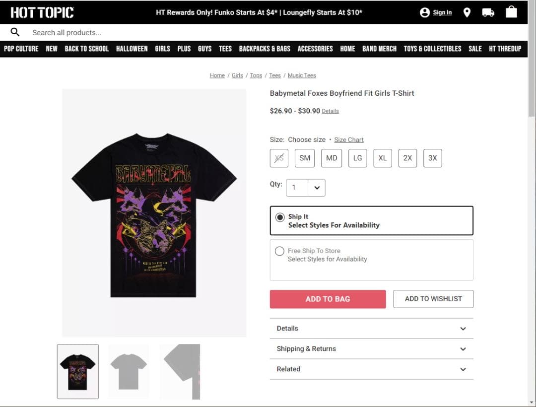 BABYLFoxesGirlsT-Shirt JLサイズHOTTOPIC