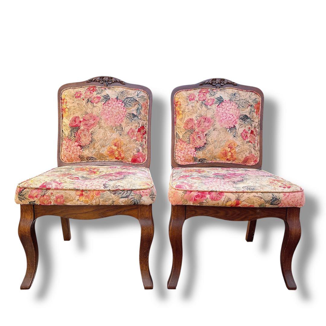 アンティーク 猫脚風 2脚セット 木製 花柄 チェア 店舗什器 ブラウン