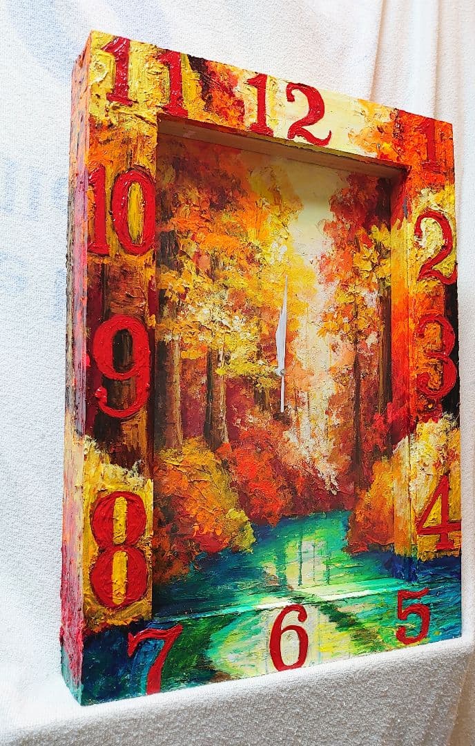 油絵 絵画 時計【紅葉の湖】