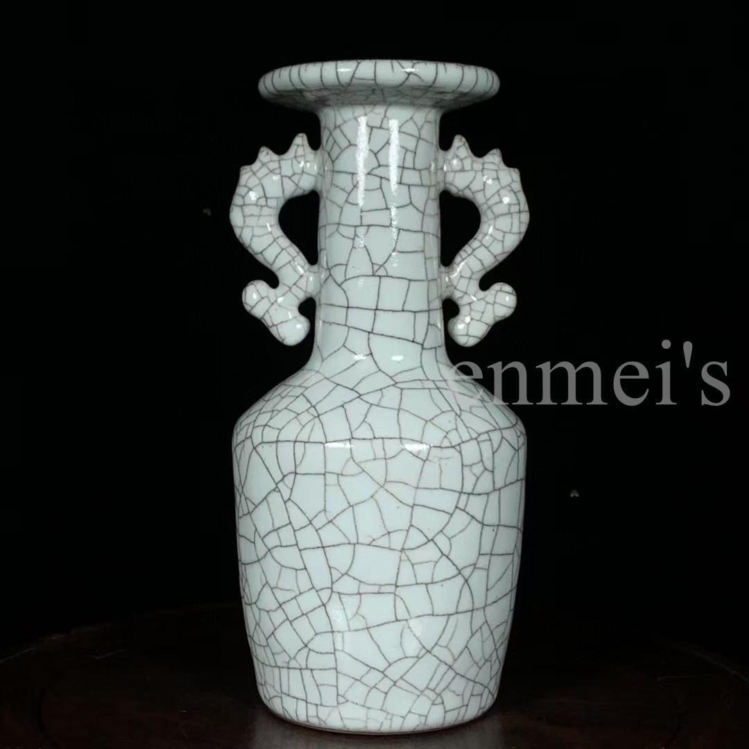 中国古美術・旧蔵品 宋代 官窑 双凤耳瓶・冰裂纹・青灰釉・花瓶・置物・茶道・文房