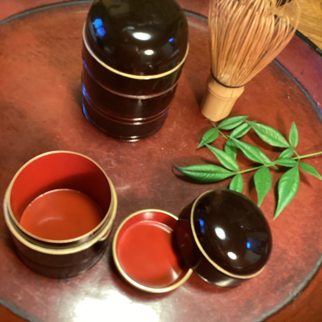 A1025 木製漆器　溜塗　　時代　化粧道具　菓子器　小物入（大、小）セット