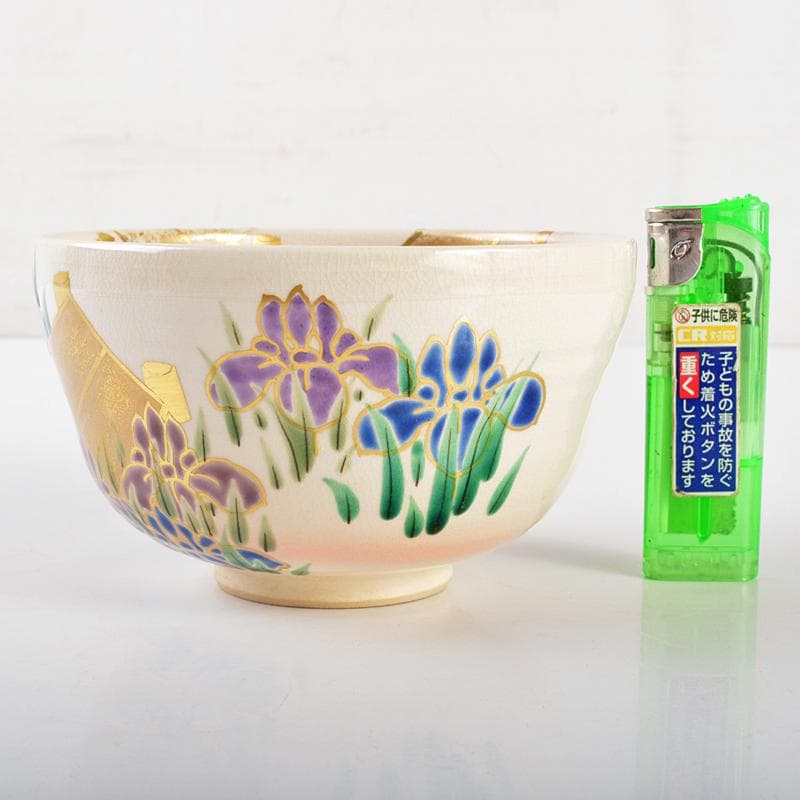 京焼　押小路窯　庄左エ門造　色絵八ツ橋　菖蒲文　茶碗　共布共箱　C　R6547