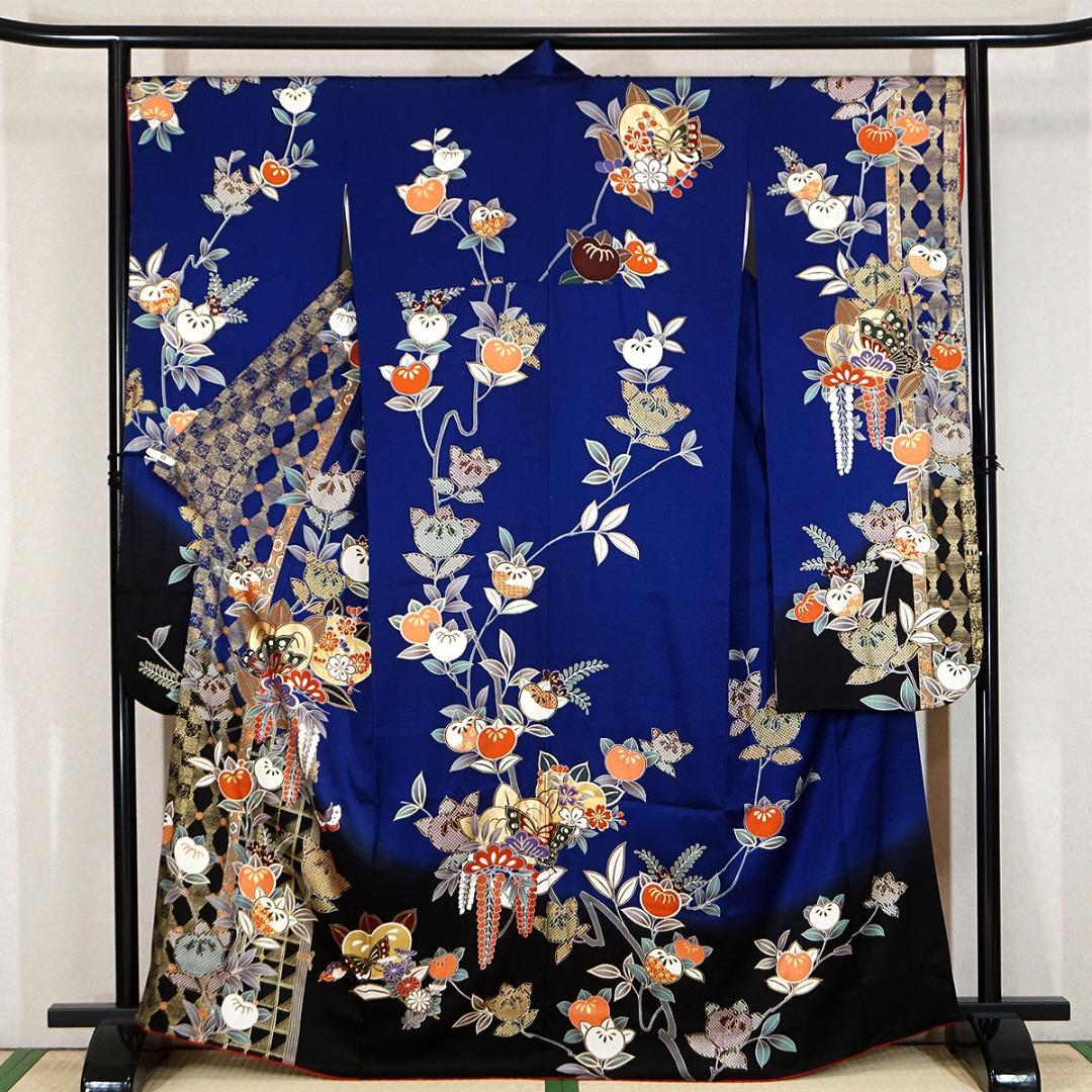 長じゅばん付き　正絹振袖　青　金彩友禅柄　165cm　a129