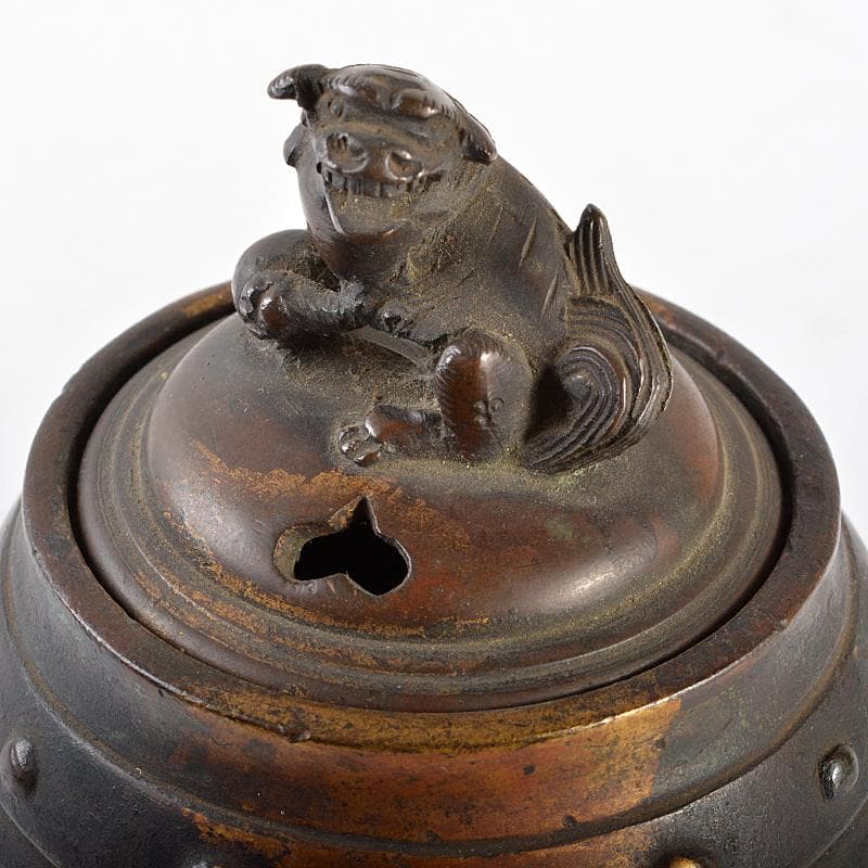 平安　秦蔵六造　銅鍍金　獅子摘　太鼓式　香炉　H　R5377