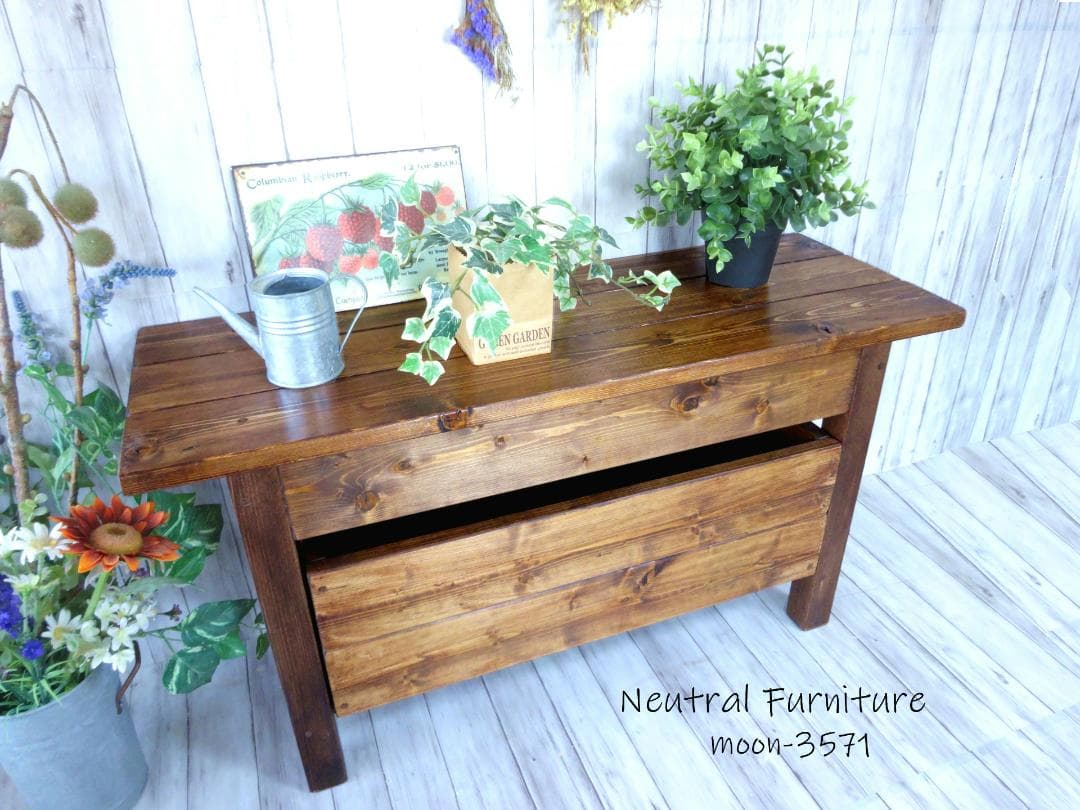 ハンドメイド ショートベンチ 収納ボックス (ダークチーク色)