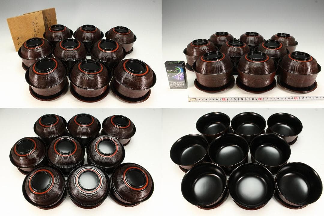 石州好 独楽塗 蕎麦椀 九客 受皿 九客 平安象彦製 共箱(K-A750)