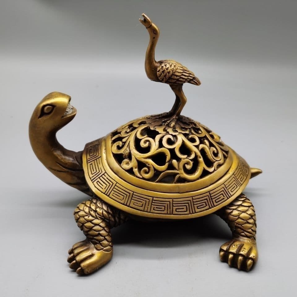 銅器 彫刻 亀鶴香炉 茶道香炉 工芸品 美術品 置物