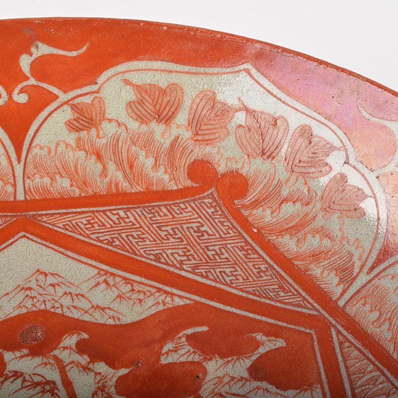 九谷焼　古九谷　赤絵　人物文　大皿　飾皿　角福銘　直径約36cm　MR7218B