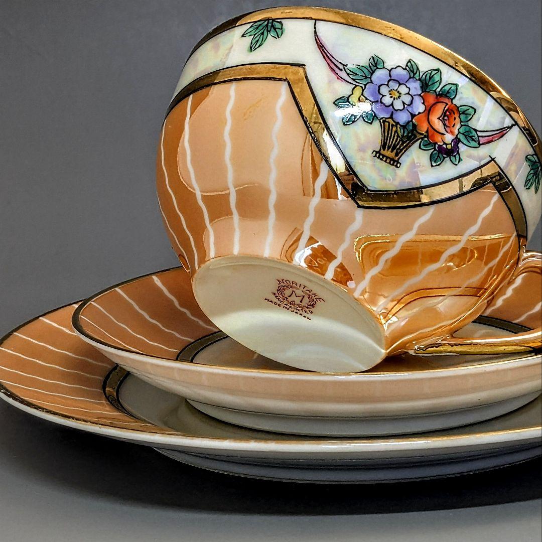 オールドノリタケ アールデコ期大銘品！金彩虹ラスター花籠絵図キャビネット トリオ