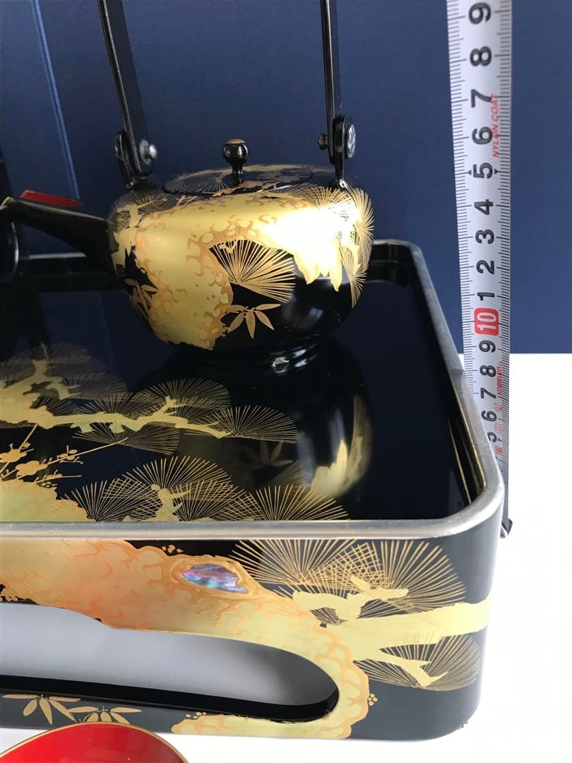 お屠蘇器 銀渕付 黒四つ揃　本松クリ足　松竹梅 金蒔絵 螺鈿 木製漆塗　豪華