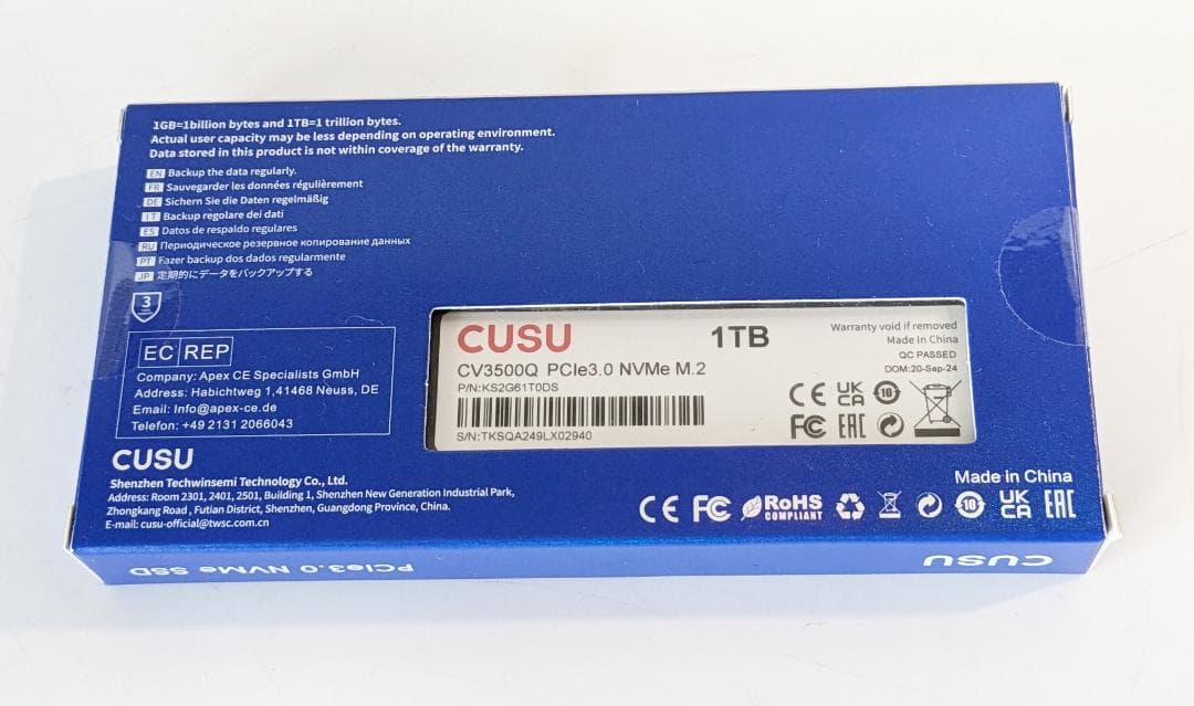 新品未使用 1TB NVMe SSD M.2 2280 CUSU