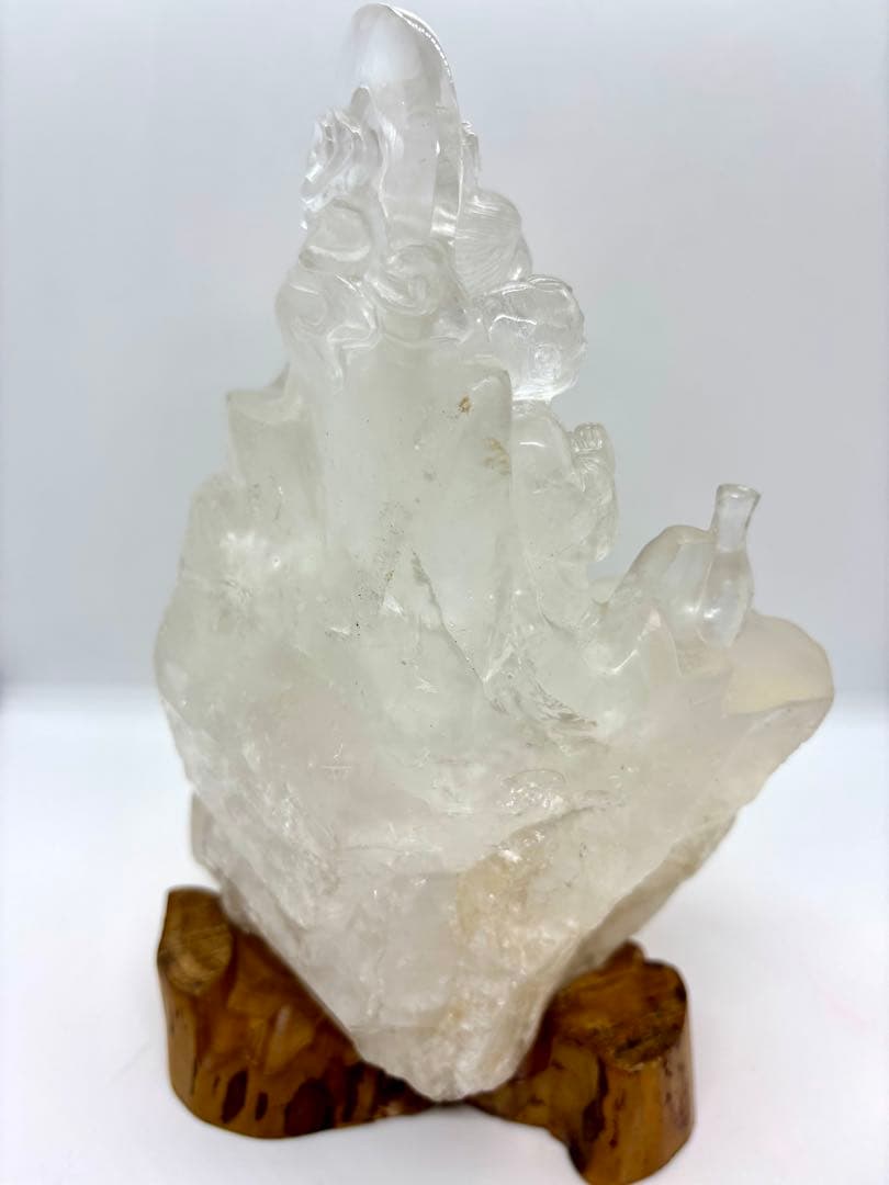 #★天然水晶★観音像 彫刻置物 木製台座付き