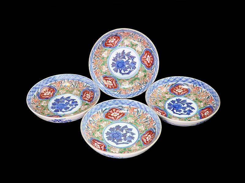 大聖寺伊万里　色絵　花鳥紋の図　４寸皿　４客　A541AS-CVu