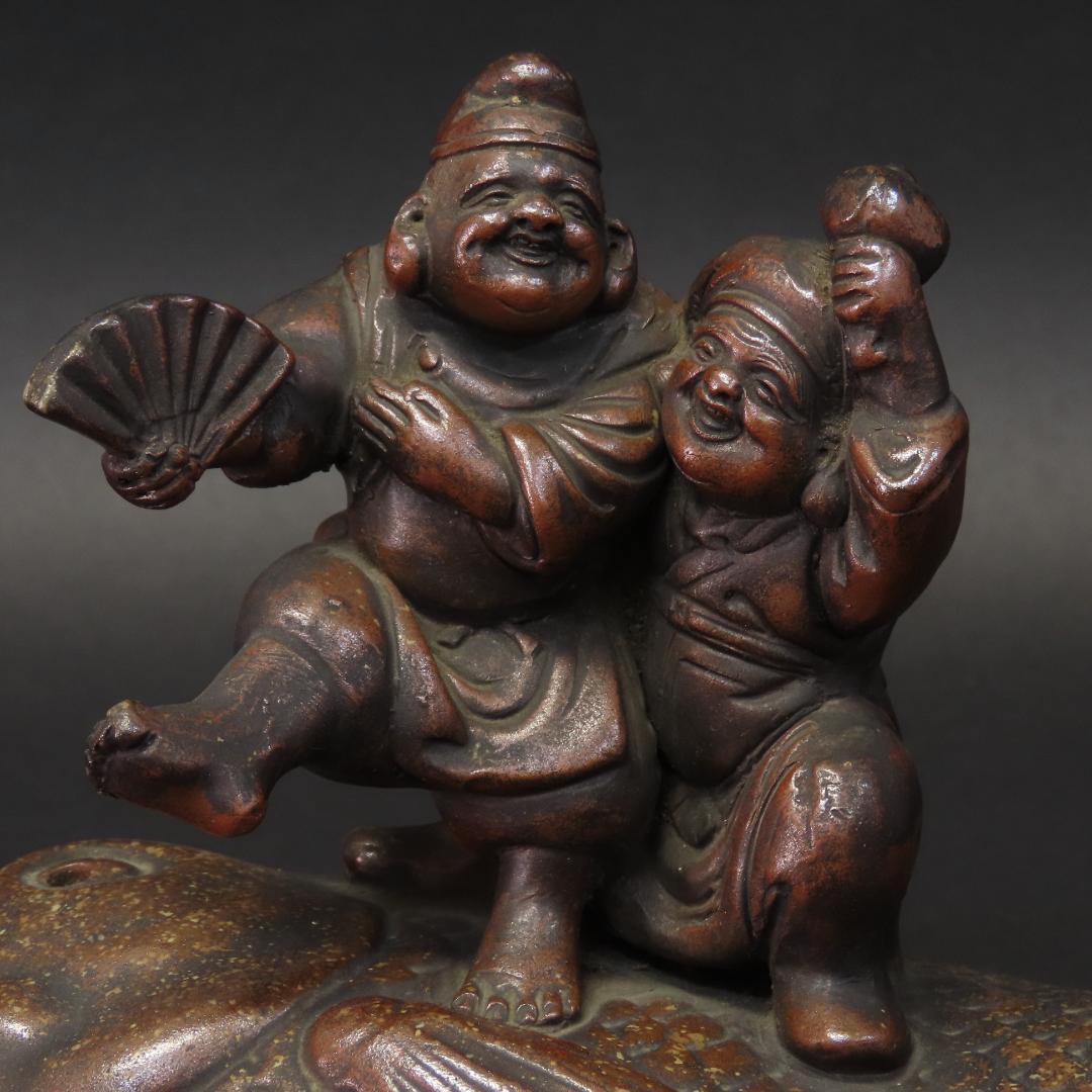 ⭕401 江戸時代末期 古備前焼 珍品 鯛に乗る恵比寿大黒様 高さ14cm