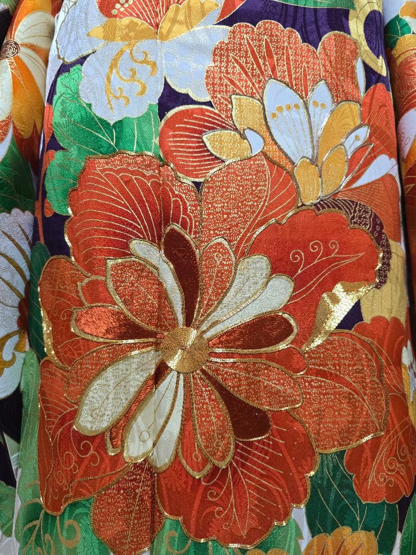 振袖　フルセット　豪華絢爛　刺繍　地文　成人式　結婚式　華やか　オレンジ　紫