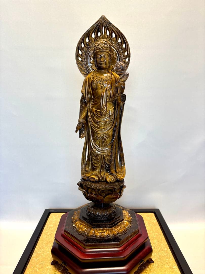 #タイガーアイ製 聖観音菩薩立像 ガラスケース 観世音菩薩　高さ約40cm