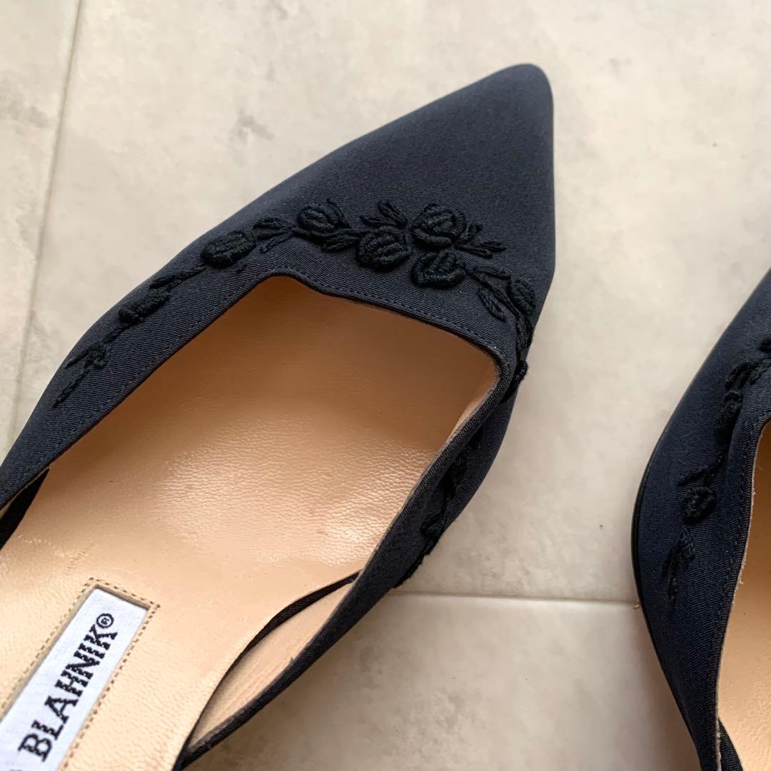 マノロブラニク ミュール サンダル 花 刺繍 ヒール ブラック 38 25cm