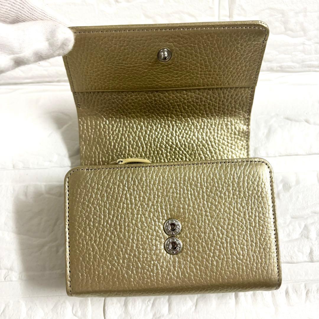 【未使用級】デンハマノ　レザー リトロ　王冠 二つ折り財布 ゴールド