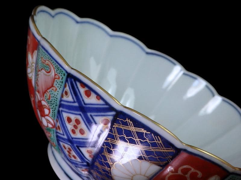 大聖寺伊万里　金襴手　寿紋に輪花楕円変形皿　大振向付　E704AS-CZk