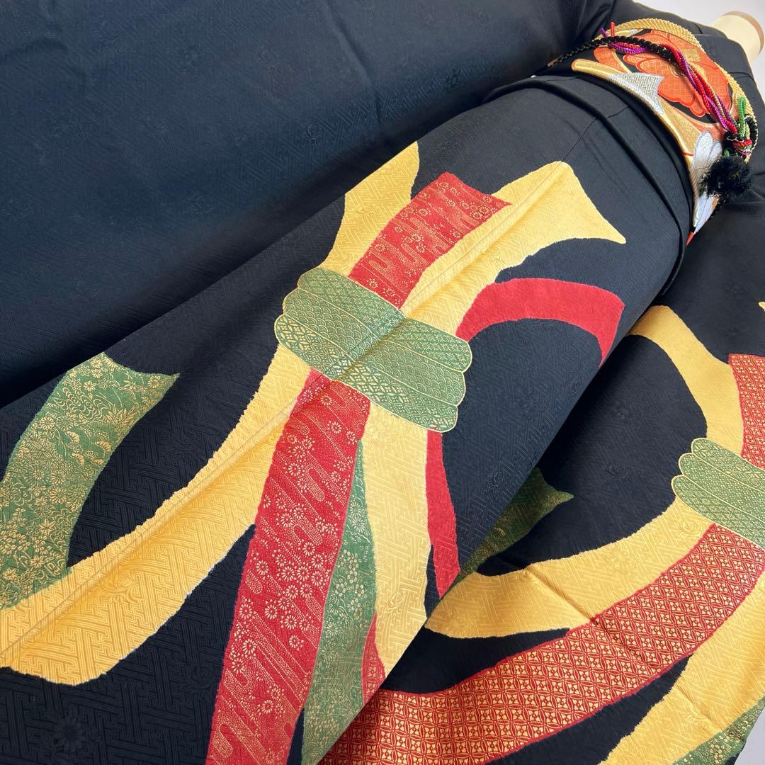 449 振袖フルセット 正絹 黒 赤 黄 緑 束ね熨斗 シンプル クール シック