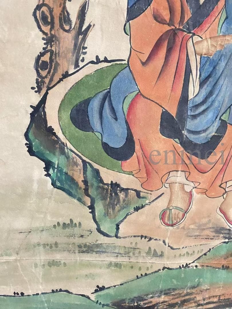 中国古美術・旧藏・明代風・丁雲鵬款・仏像図・絹本・中堂掛軸・純手描き・書画・骨董