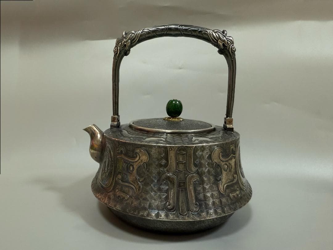 純銀製 饕餮紋 玉摘 銀瓶 煎茶道具 湯沸 重量798g